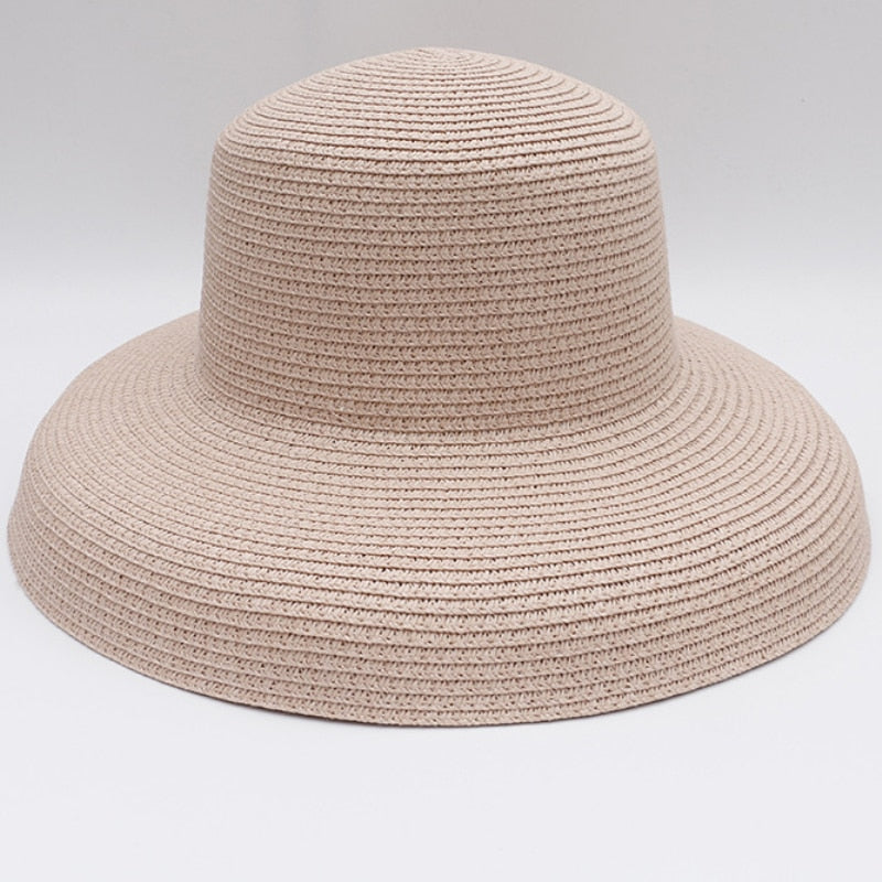 HT2303 New Summer Sun Hats Ladies Solid Plain Elegant Wide Brim Hat Female Round Top Panama Floppy Straw Beach Hat Women Pink