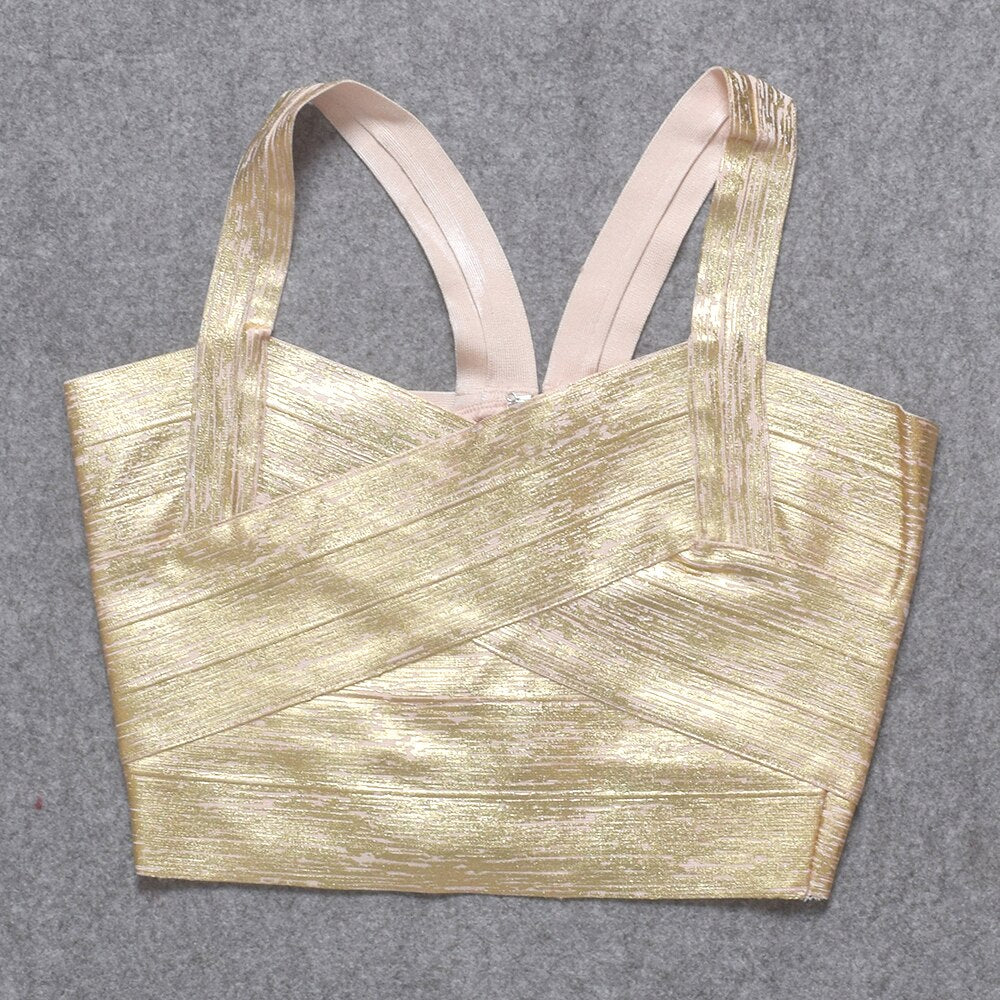 Autumn Sexy Gold Silver Women Bandage Top Spaghetti Strap Bandage V Neck Vest Tank Top Knitted Bandage Club Vest