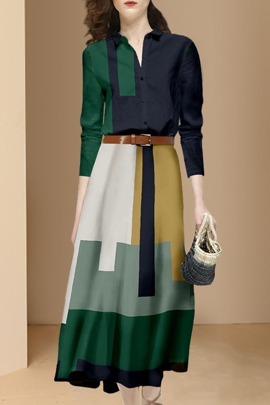 New Fashion Office Suits Women Spring Fall Long Sleeve Hit Color Shirts Top High Waist Midi A-Line Belt Slim Skirt Two Piece Set