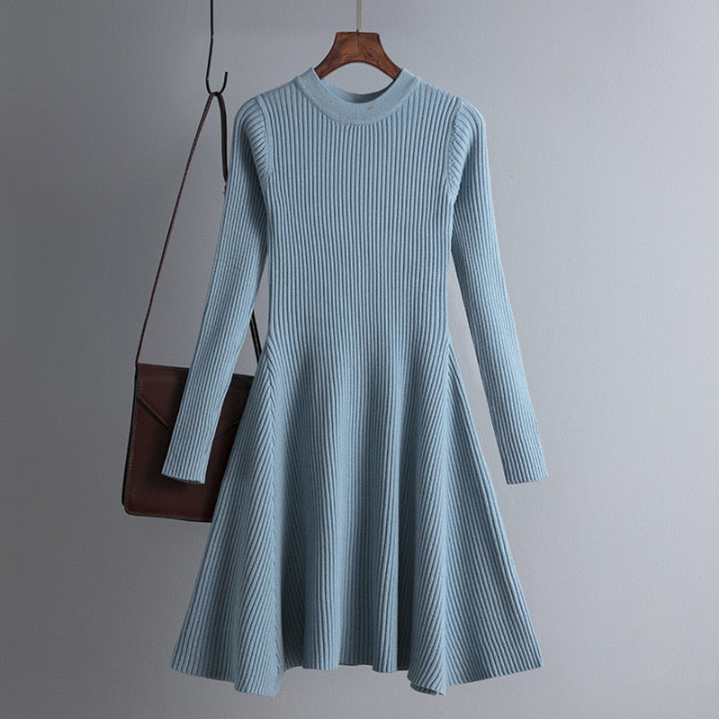 HLBCBG basic autumn winter short aline thick sweater dress elegant knit dress women slim mini dress Female chic knit sexy dress Blue One Size