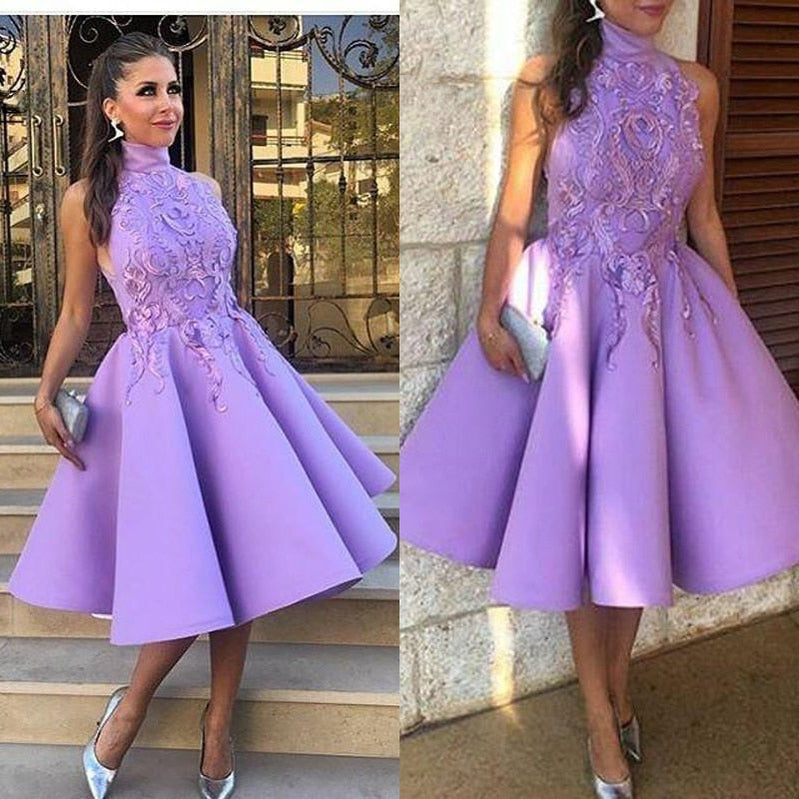 Light Purple High Neck Homecoming Dresses Sleeveless Lace Satin Tea-Length Short Party Prom Gown Appliques Custom Mdae