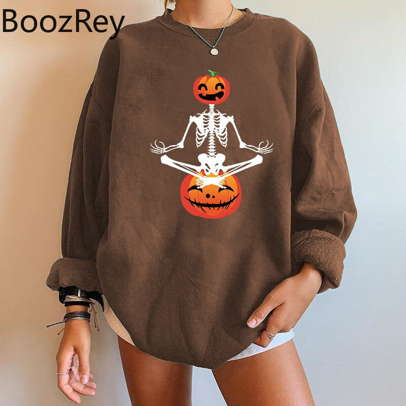 BoozRey Halloween Women Falling Shoulder Sweater Skeleton Pumpkin Head Ghost Face Sweater Long Sleeve Women Top Party Outfits