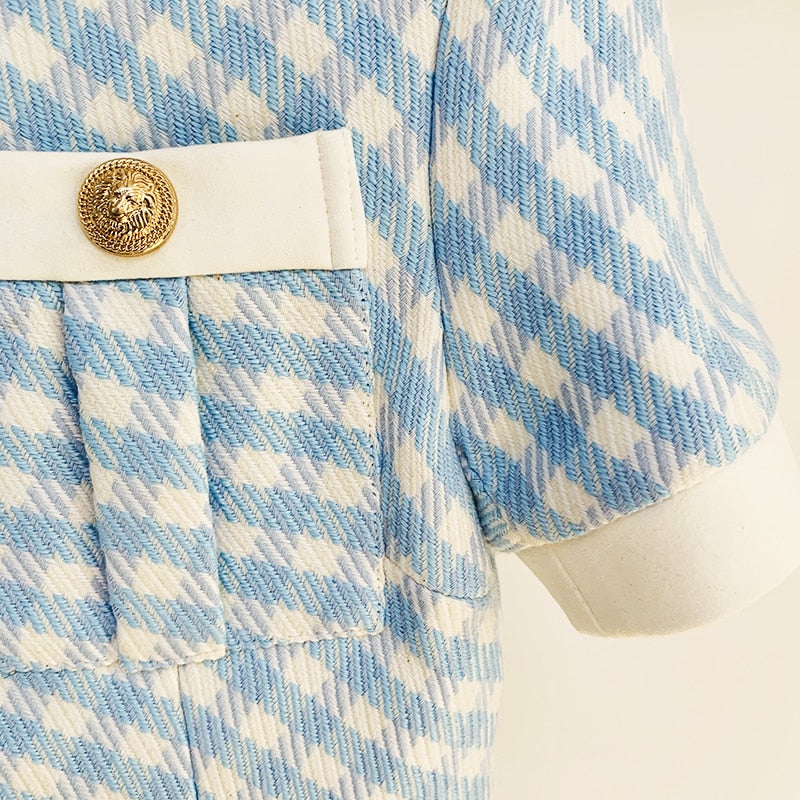 HIGH STREET Newest Fashion Fall Winter Designer Women's Short Sleeve Lion Buttons Color Block Plaid Tweed Dress