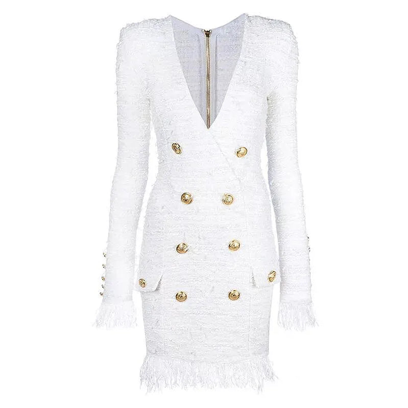 Fall Winter Newest Designer Dress Women's V-neck Long Sleeve Lion Buttons Tassel Fringed Tweed Dress