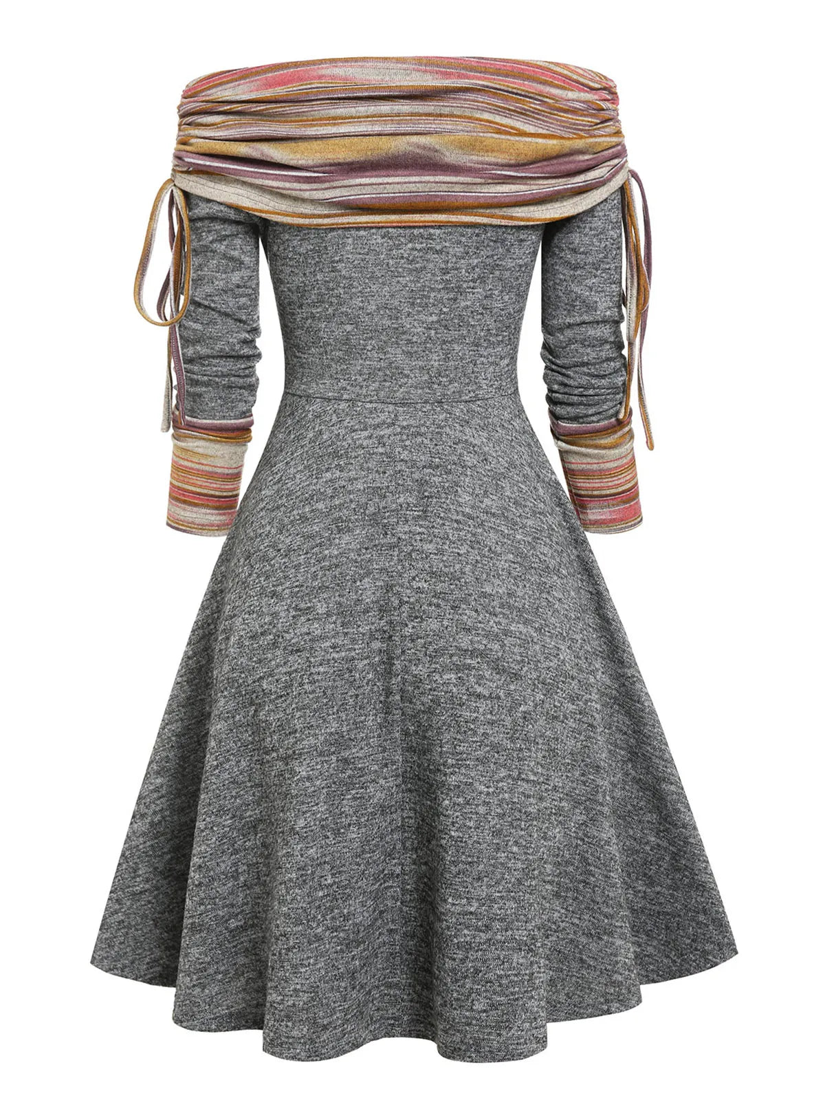 Convertible Cinched Striped Flare Dress Foldover Off The Shoulder Knitted Dresses Women Long Sleeve Jurken