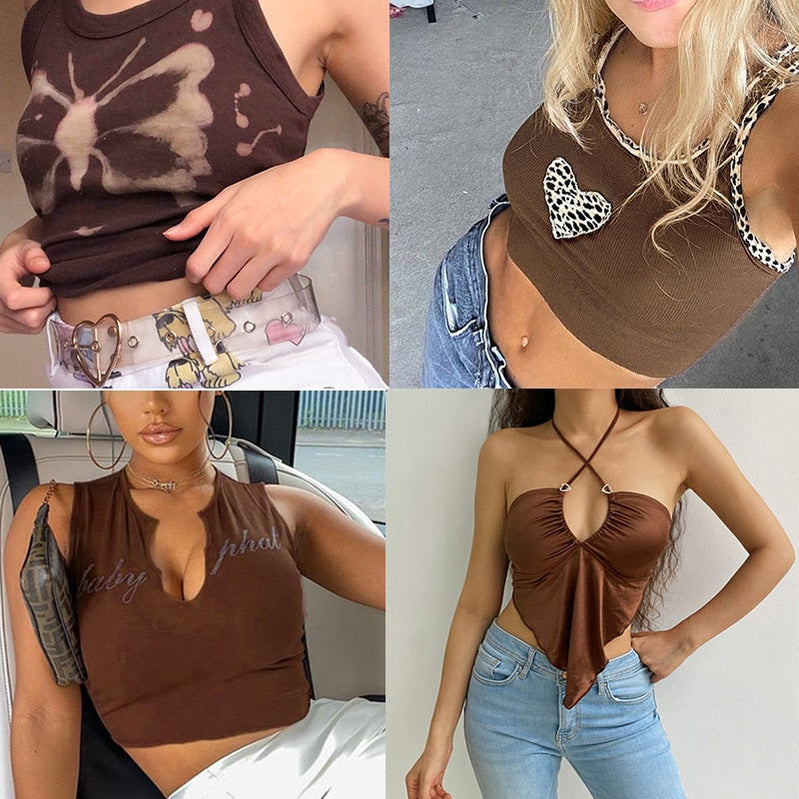 Vintage Brown Halter Camisole Hollow Out Cyber Y2k Crop Top Women Gothic Sexy Aesthetic Fairy Corset Tank Camis 90s Clothes