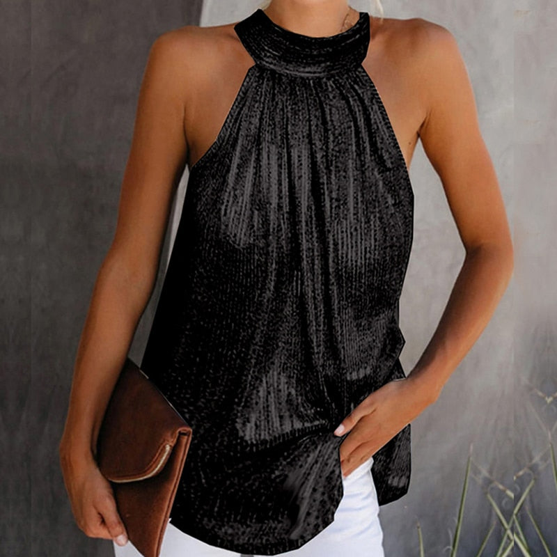 Womens Fashion Shiny Halter Neck Tank Tops Vest Ladies Summer Casual Solid Color Sleeveless T shirt Blouse Black Gold Silver black