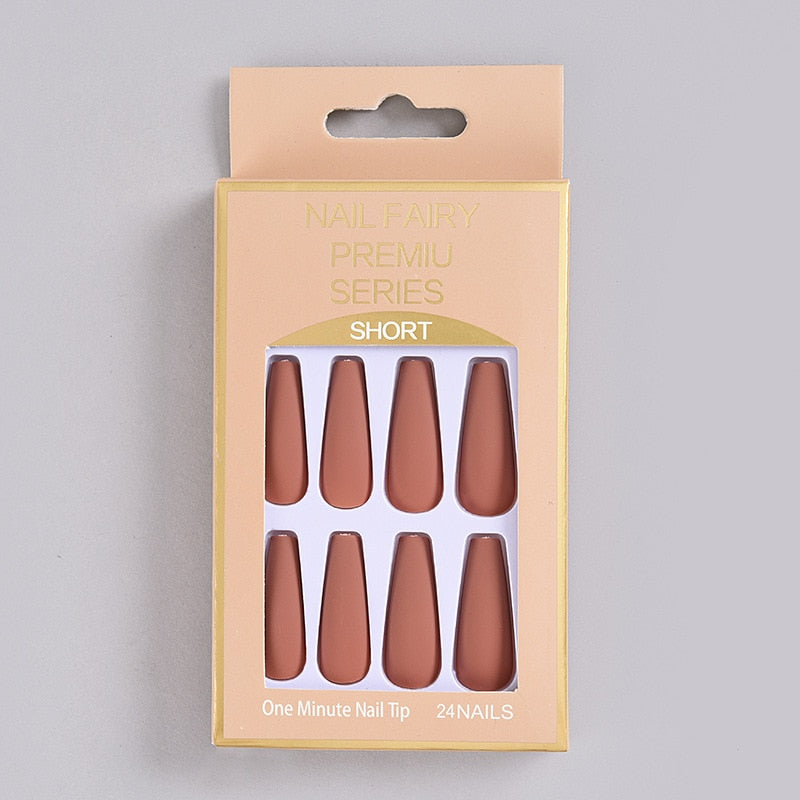 24Pcs/Box Matte Frosted False Nails Detachable Fake Nail Press On Full Cover Nail Tips With Glue Ballet Artificial Fingernails HZ-BL-A22