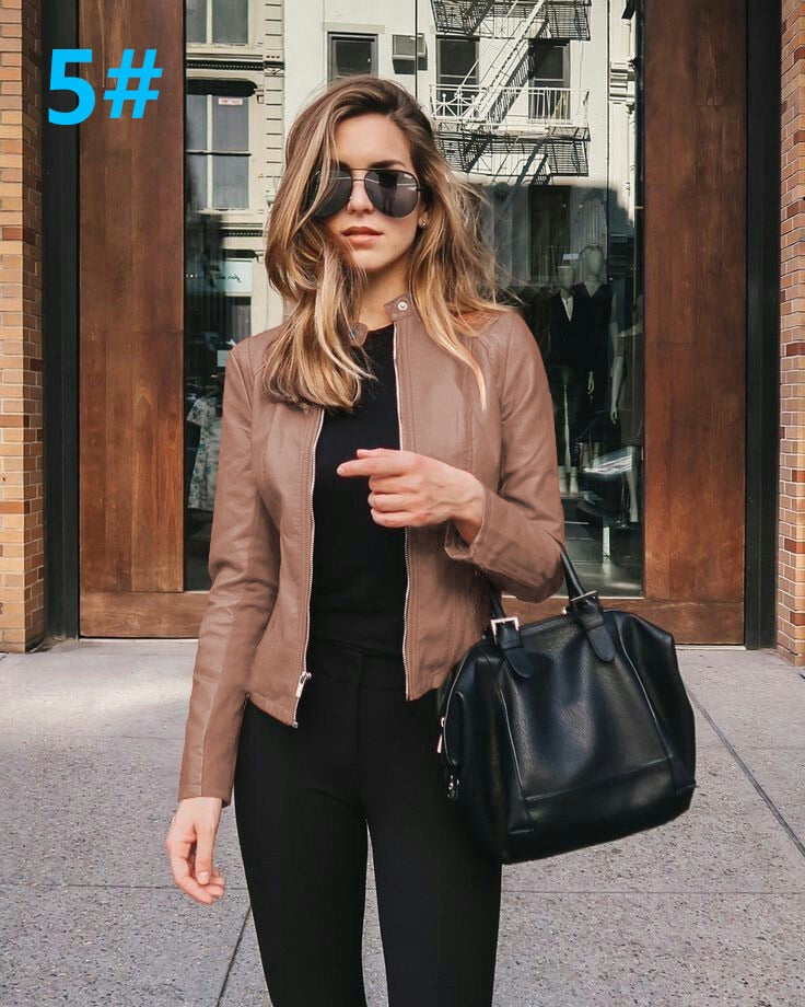 Women Bike Coat PU Leather Outwear Zipper Outfit Spring Autumn WomeFashion Short Thin Female Jacket