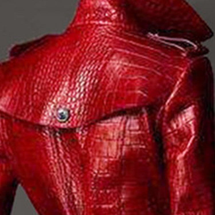 Lautaro Autumn Long Red Crocodile Print Leather Trench Coat for Women Belt Double Breasted Elegant British Style Fashion 2021