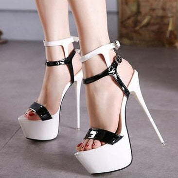 Aneikeh Ankle Strap Heels Platform Sandals Party Shoes For Women Wedding Pumps 16cm High Heels Sequined Gladiator Sandals Black Black-White