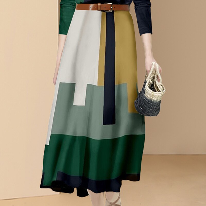 New Fashion Office Suits Women Spring Fall Long Sleeve Hit Color Shirts Top High Waist Midi A-Line Belt Slim Skirt Two Piece Set