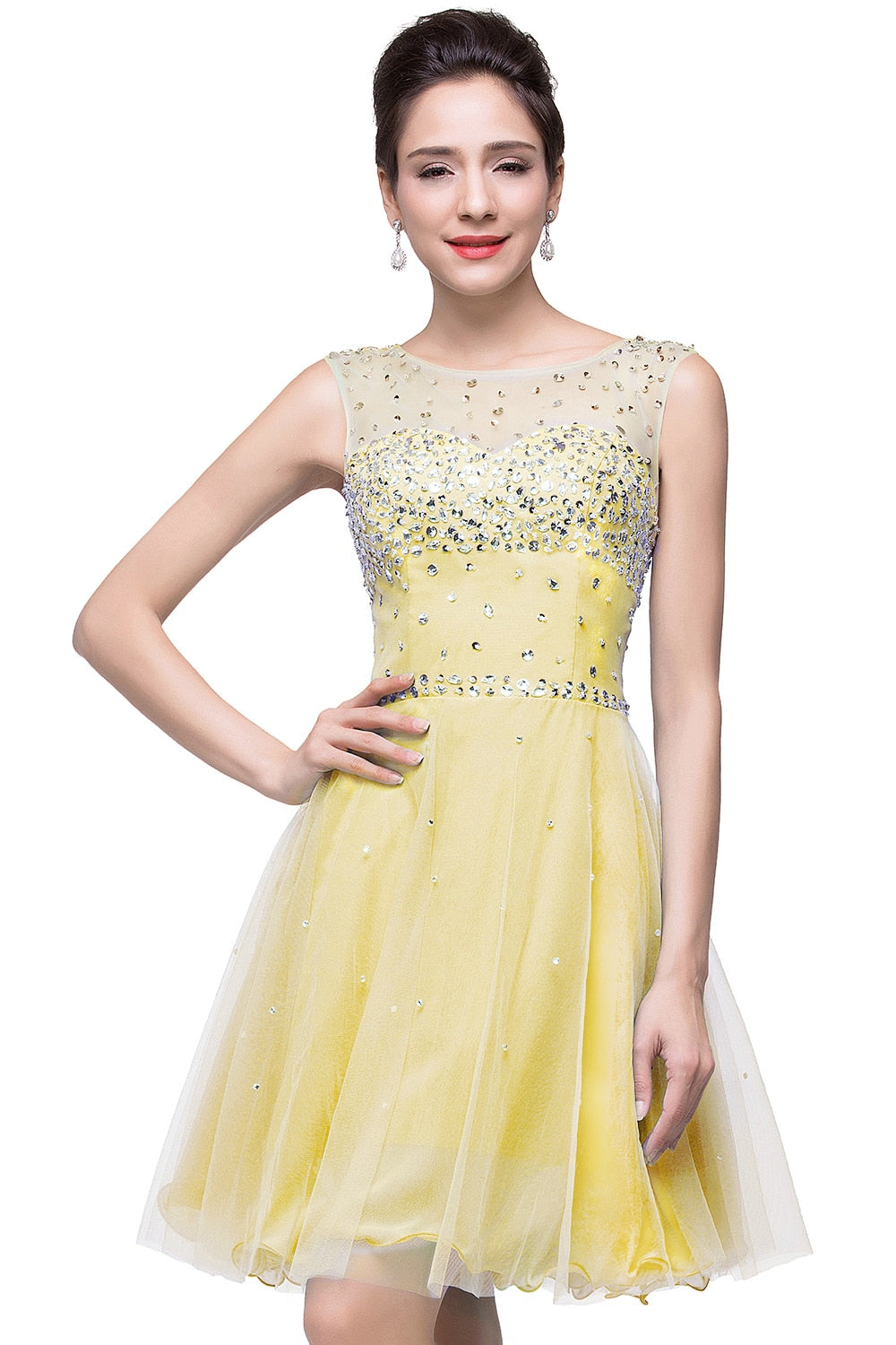Luxury Elegant Short Homecoming Dresses Vestidos De Fiesta Crystal Formal Party Gowns Vestido De Formatura Narcissus Yellow