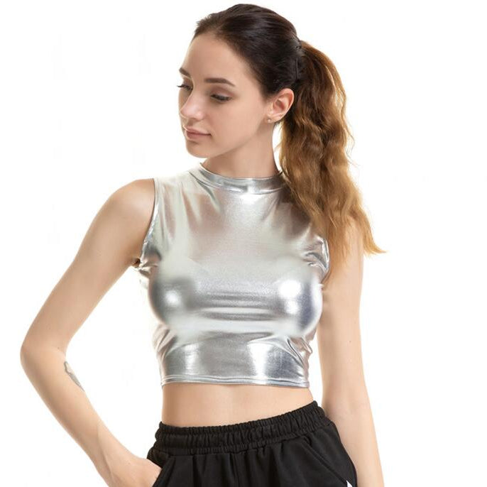 Women Crop Top Shiny Material Leather Sleeveless Vest Sports Tank Tops Gold Silver Shining Colorful Green Red Clothes X004 Silver