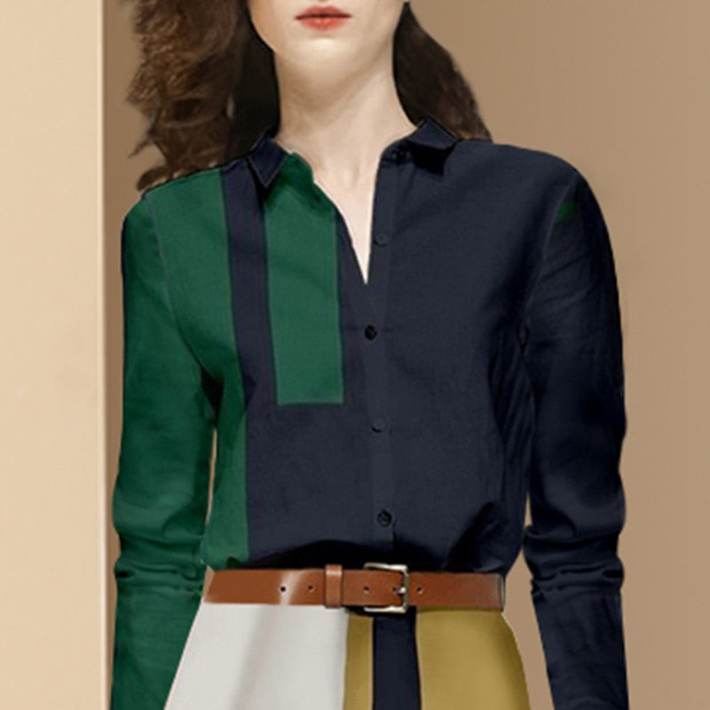 New Fashion Office Suits Women Spring Fall Long Sleeve Hit Color Shirts Top High Waist Midi A-Line Belt Slim Skirt Two Piece Set