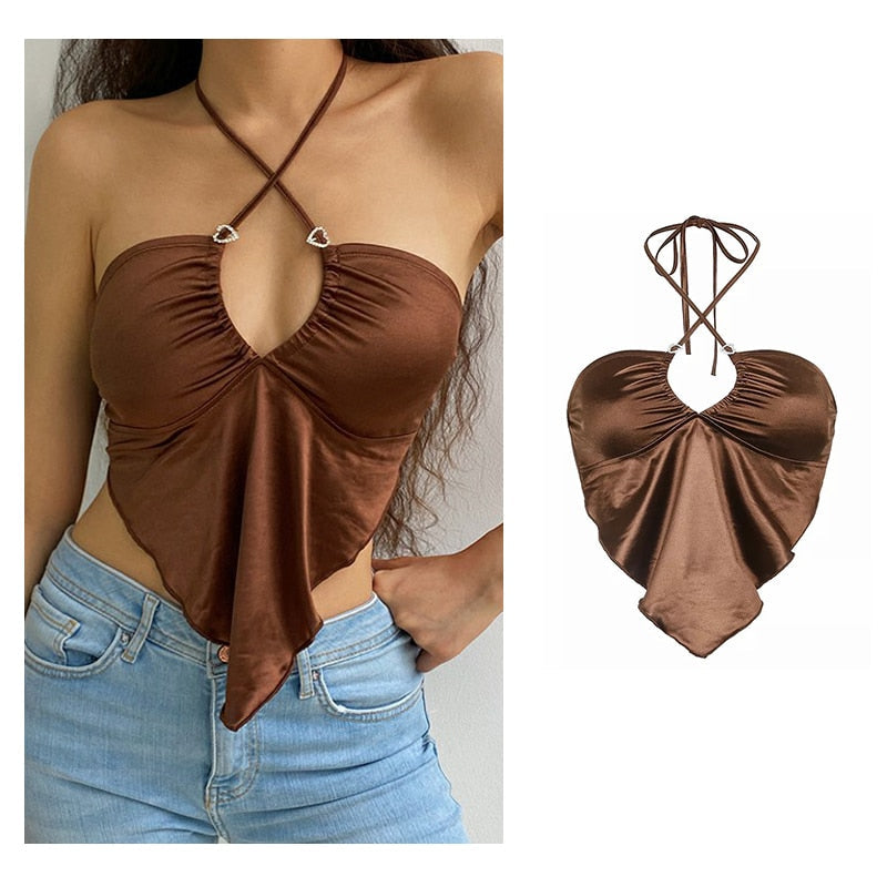 Vintage Brown Halter Camisole Hollow Out Cyber Y2k Crop Top Women Gothic Sexy Aesthetic Fairy Corset Tank Camis 90s Clothes nz7004-2