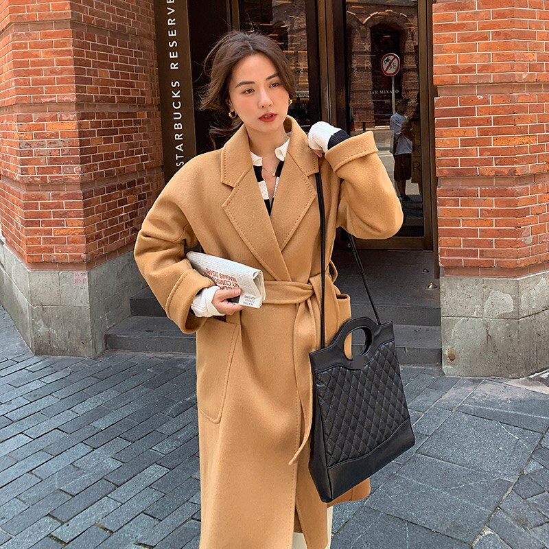 Classic Model 100% Real Wool Long Warp Overcoat Belt Turn-down Collar Dense Fabric Narrow Notch Lapel Coat Women Fall Winter