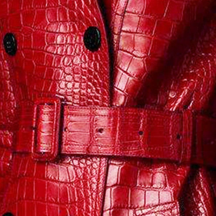 Lautaro Autumn Long Red Crocodile Print Leather Trench Coat for Women Belt Double Breasted Elegant British Style Fashion 2021