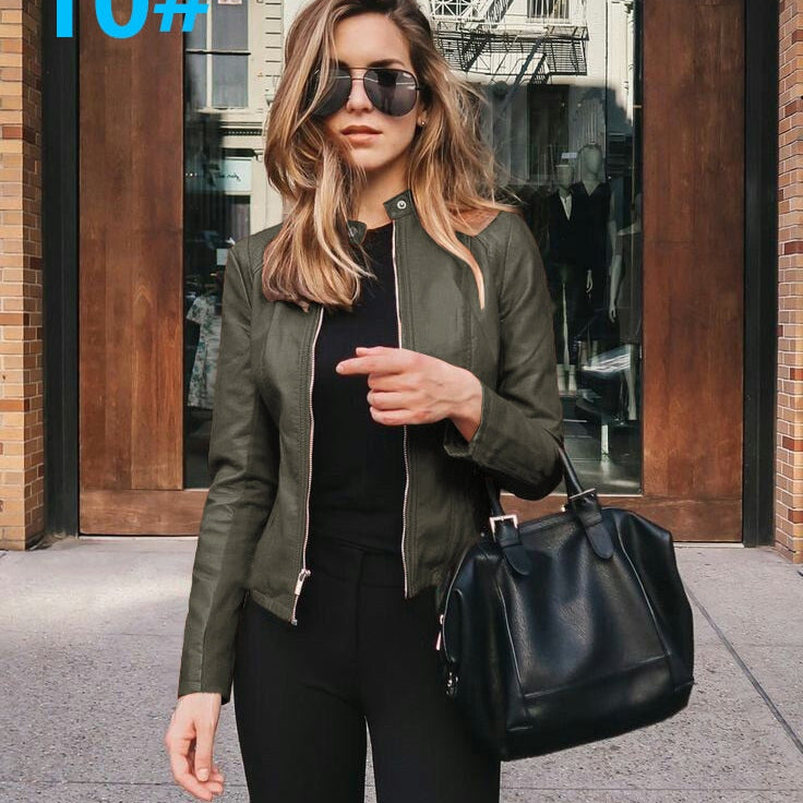 Women Bike Coat PU Leather Outwear Zipper Outfit Spring Autumn WomeFashion Short Thin Female Jacket 10