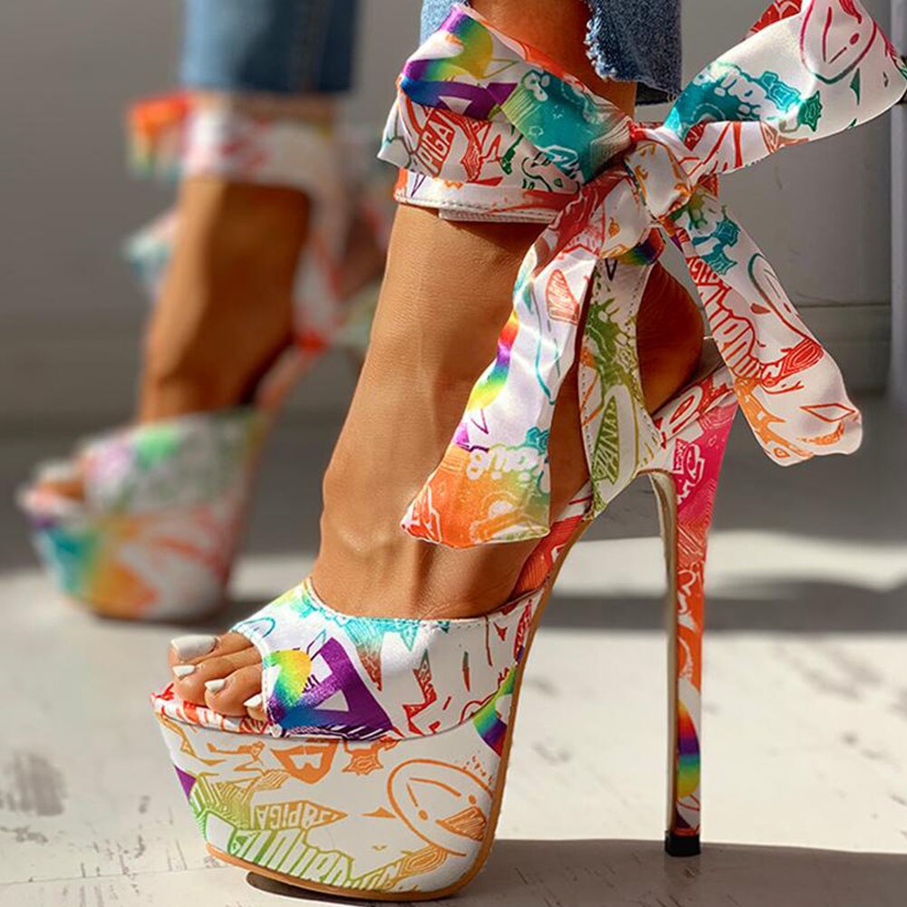 Sexy Shoes Print Super Thin High Heels Shoes Sandals Women Summer Party Platform Ankle-wrap Woman Sandals Female