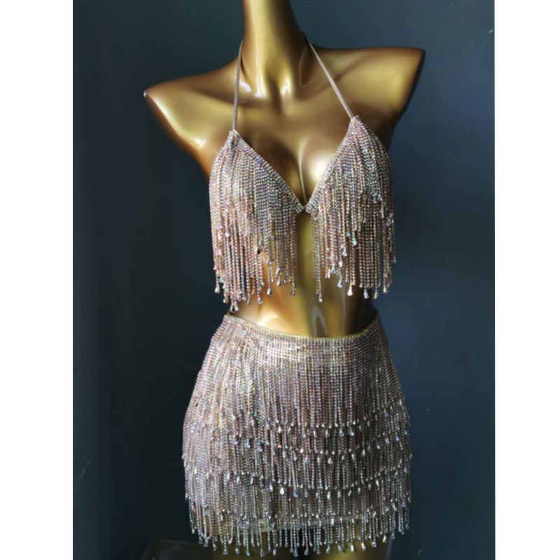 Rhinestone Tassels Women Skirt High-End Customized Diamond Evening Dress Manual Stitched Crystal Party Bikini Set