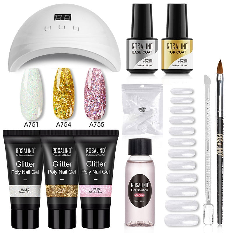 ROSALIND Poly Nail Gel Kit Nail Set For Manicure With UV LED Lamp Need Base Top Coat Hybrid Varnishes Cured Gel Lacquer Nail Art