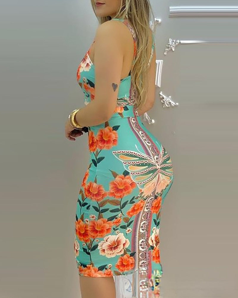 Women's fashion elegant blue butterfly floral vest printed skirt