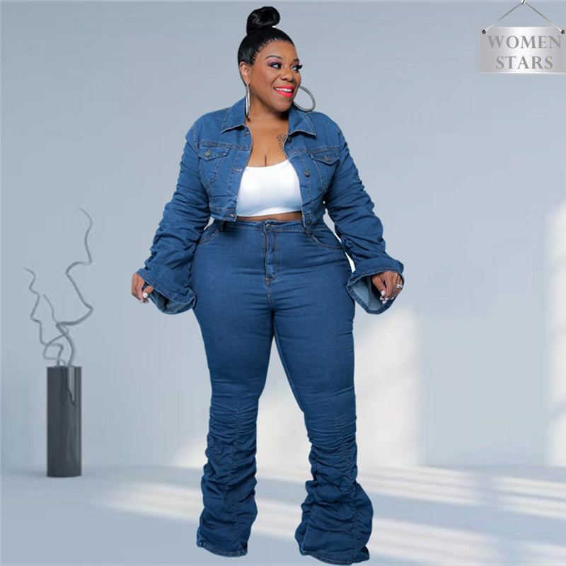 Denim Plus Size Sets Women 2 Piece Set Puff Long Sleeve Jacket Stretch Stacked Jeans Fall Winter Clothes