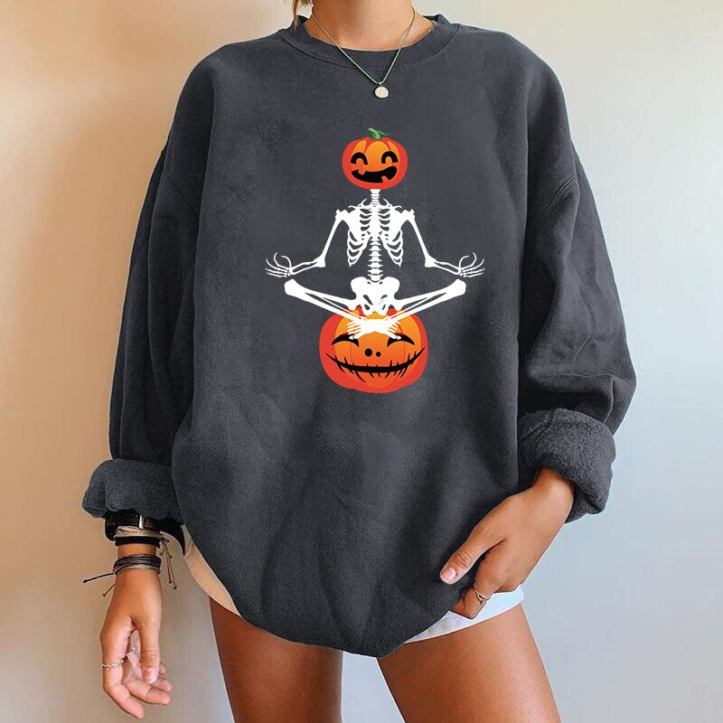 BoozRey Halloween Women Falling Shoulder Sweater Skeleton Pumpkin Head Ghost Face Sweater Long Sleeve Women Top Party Outfits Dark Grey