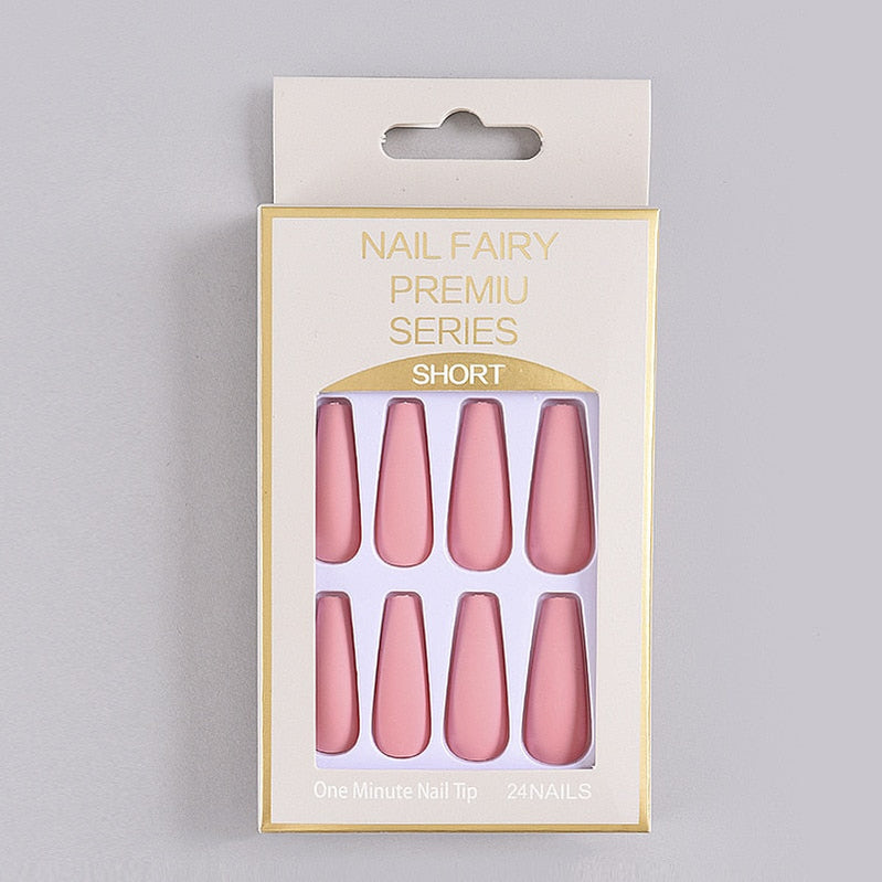 24Pcs/Box Matte Frosted False Nails Detachable Fake Nail Press On Full Cover Nail Tips With Glue Ballet Artificial Fingernails HZ-BL-A8
