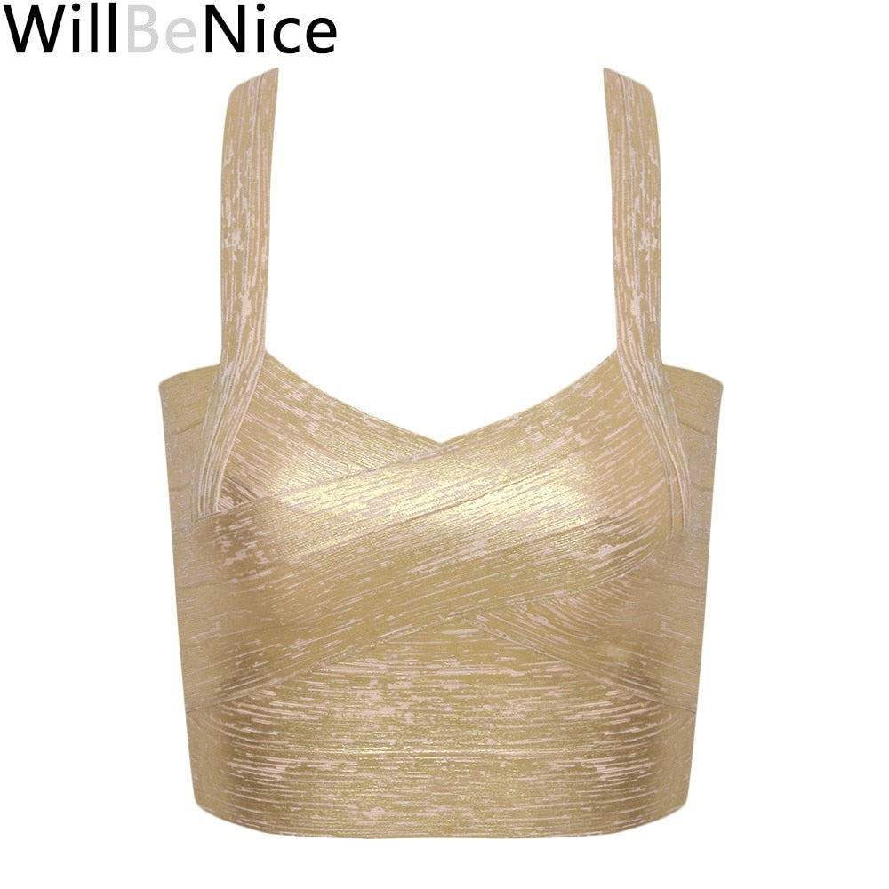 Autumn Sexy Gold Silver Women Bandage Top Spaghetti Strap Bandage V Neck Vest Tank Top Knitted Bandage Club Vest