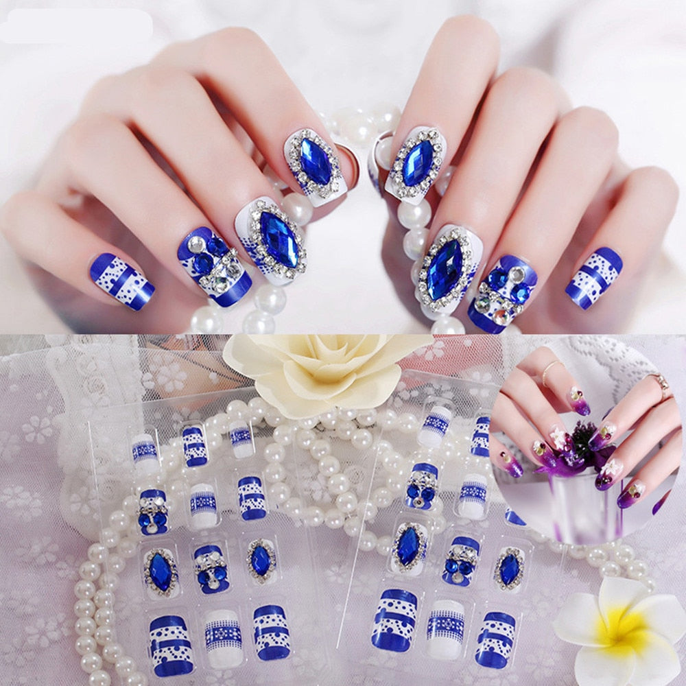 24Pcs/Set Fake Nails Press on Girls Finger Beauty False Nail Art Tips Bright Shining 3D Diamond Full Cover French Nail Art Tips