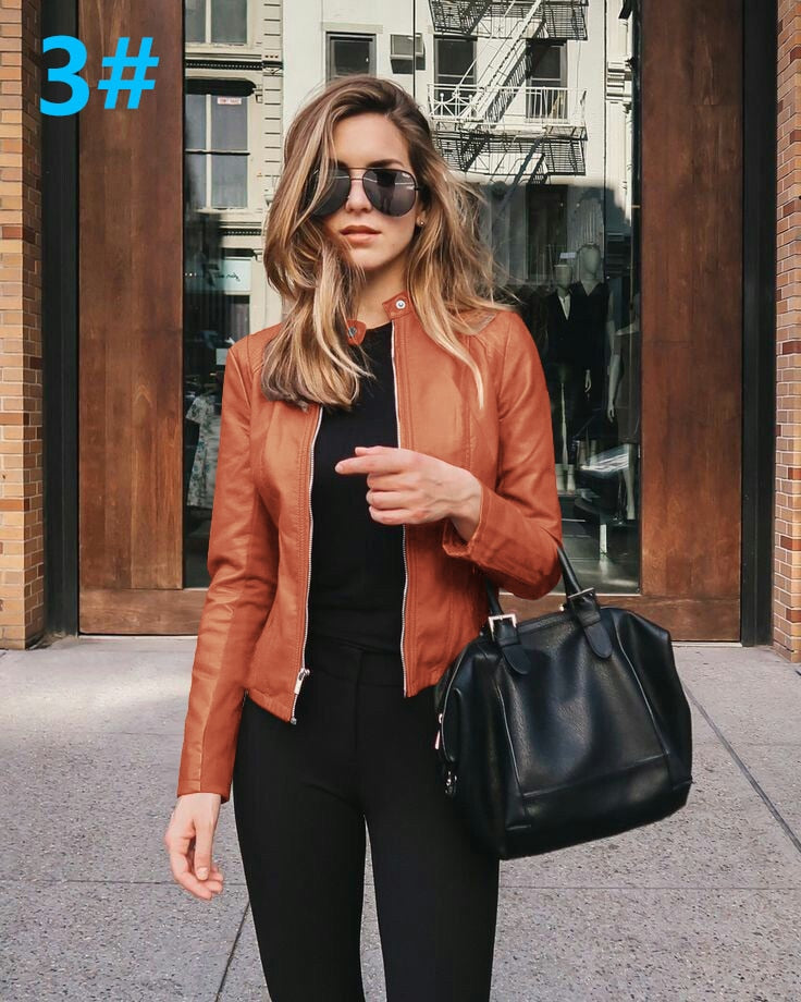 Women Bike Coat PU Leather Outwear Zipper Outfit Spring Autumn WomeFashion Short Thin Female Jacket