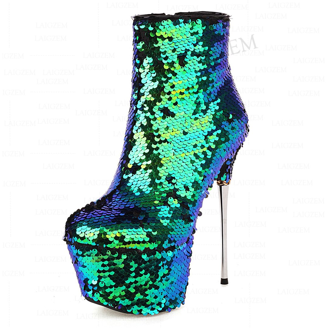 LAIGZEM Women Ankle Boots Side Zip Bling Glitter Metal Stiletto High Heels Booties Club Cosplay Shoes Woman Big Size 38 41 42 43 LGZ2934 Green