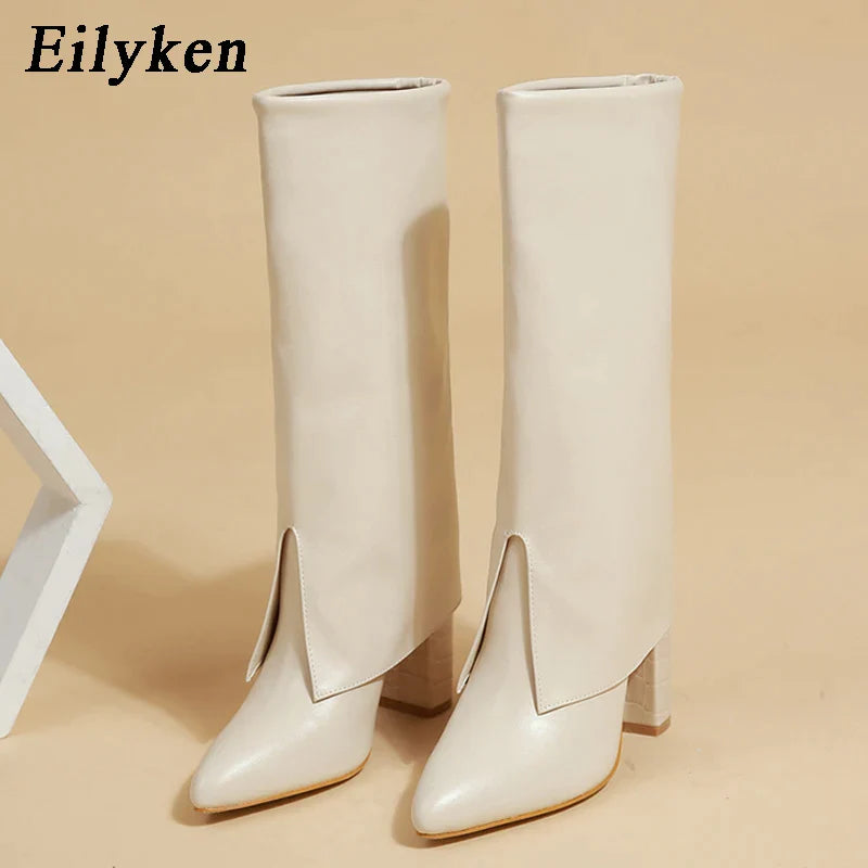 Eilyken New Chunky Heel Pointed Toe Women Long Knee High Boots Black Winter Shoes Female Chelsea Booties Size 35-42