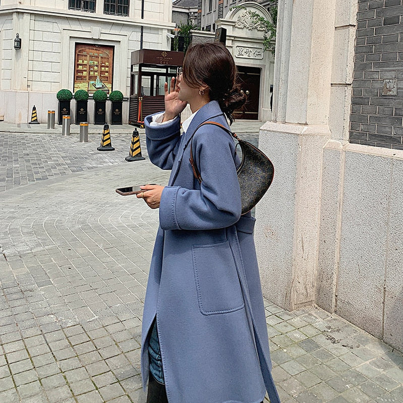 Classic Model 100% Real Wool Long Warp Overcoat Belt Turn-down Collar Dense Fabric Narrow Notch Lapel Coat Women Fall Winter