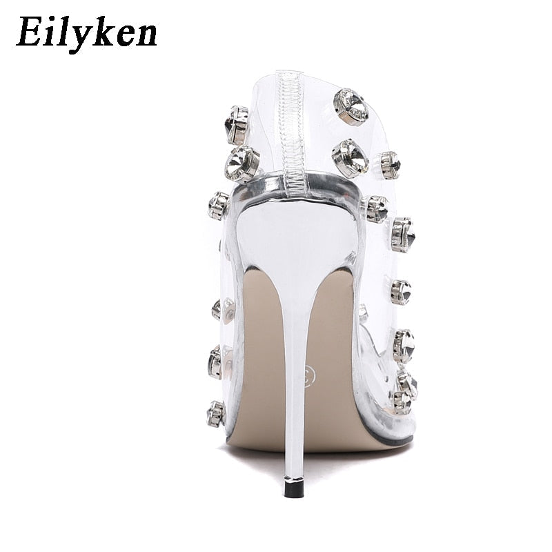 Eilyken Design Rivet Crystal Women Pumps PVC Transparent High Heels Sexy Nightclub Prom Female Sandals Wedding Shoes