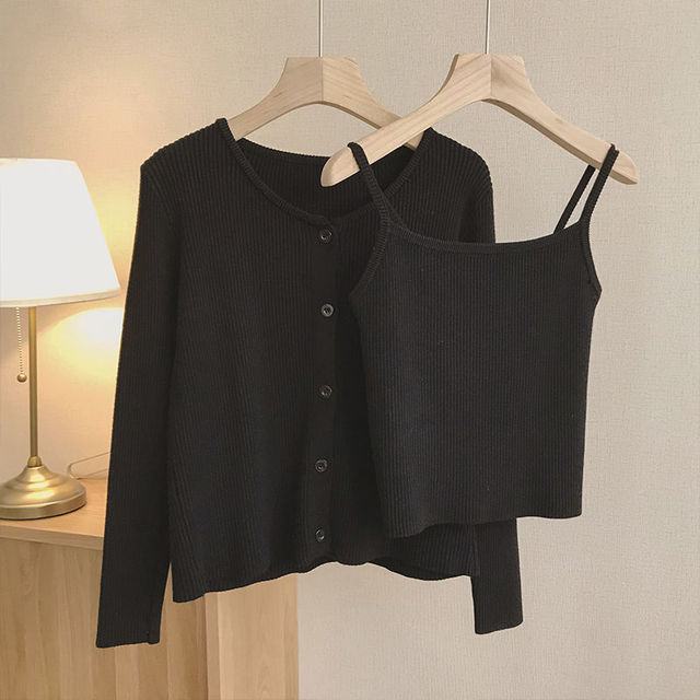 Stripped Knitted Cardigan Two 2 Piece Set Women Korean Spring Autumn Woman Outfits Cardigans Womens Tops And Blouses Sets Black Sets