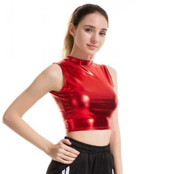 Women Crop Top Shiny Material Leather Sleeveless Vest Sports Tank Tops Gold Silver Shining Colorful Green Red Clothes X004 Red