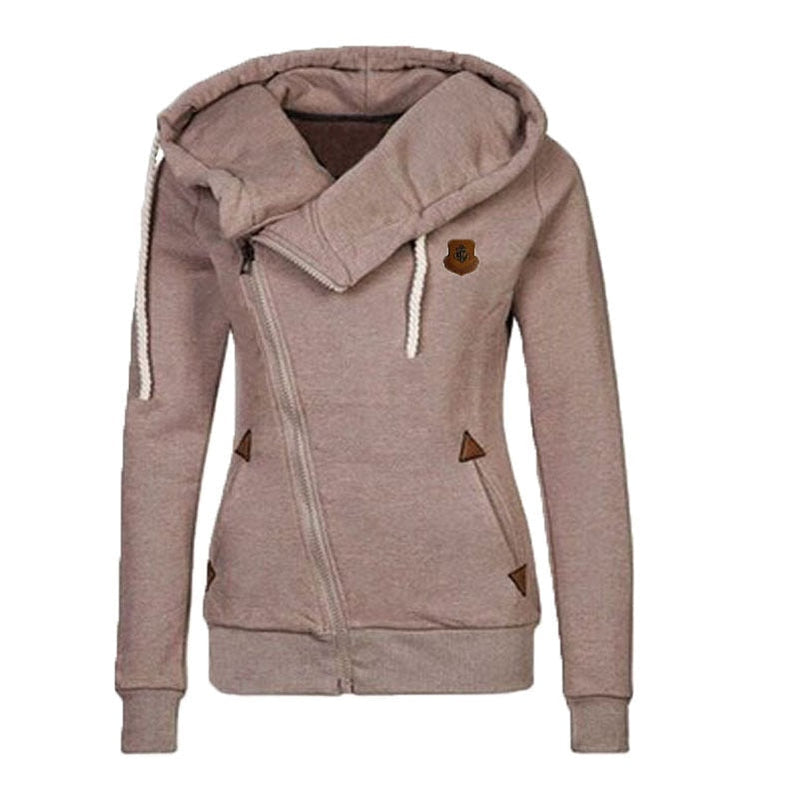 Warm Fashion Women Hoodie Asymmetric Side Zipper Drawstring Slim Long Sleeve Sweatshirt Jacket Top Coat Female Sweatshirt Khaki