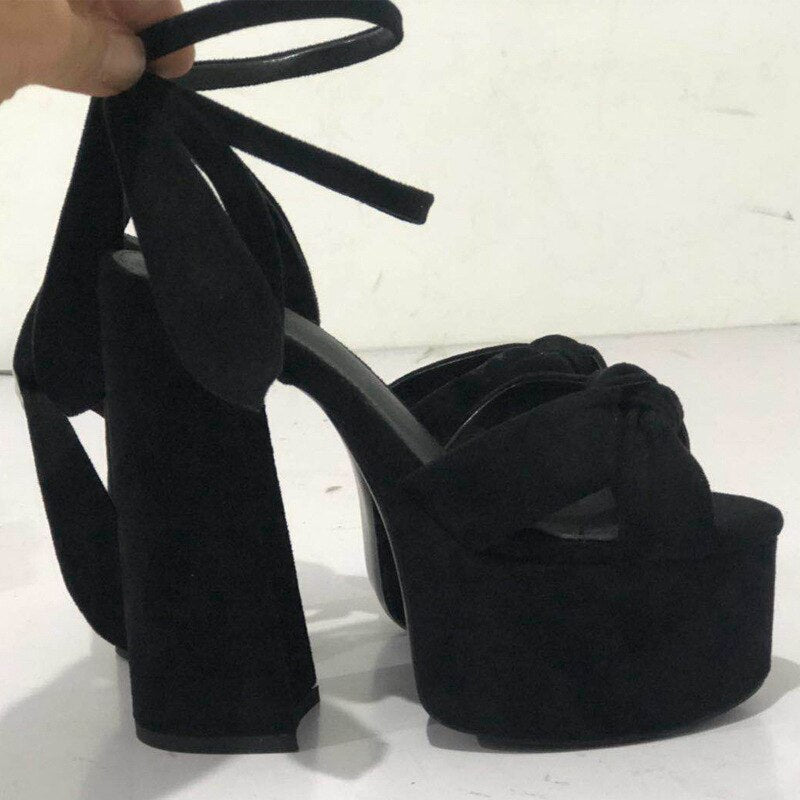 Women Sandals Summer Shoes Sexy Thick High Heels Platform 10 colors Dress Party Wedding Shoes Woman Pumps Bow love heels Black matte