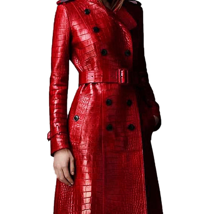 Lautaro Autumn Long Red Crocodile Print Leather Trench Coat for Women Belt Double Breasted Elegant British Style Fashion 2021