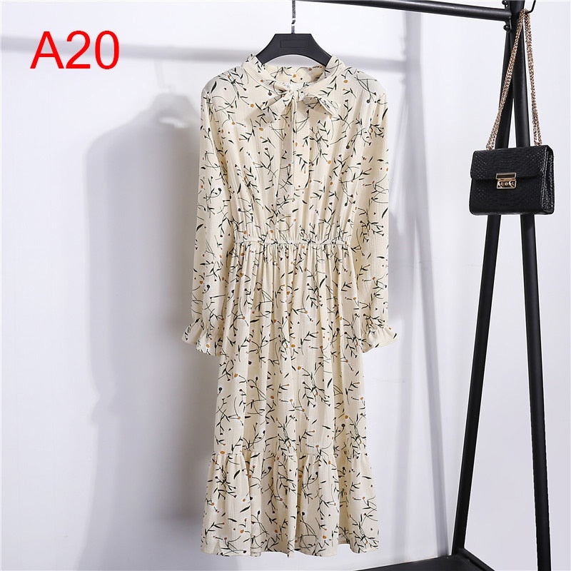 Plus Size Women's Clothing Long Sleeve Chiffon Shirt Dresses For Women Red Bow Floral Club Party Autumn Winter платье Woman