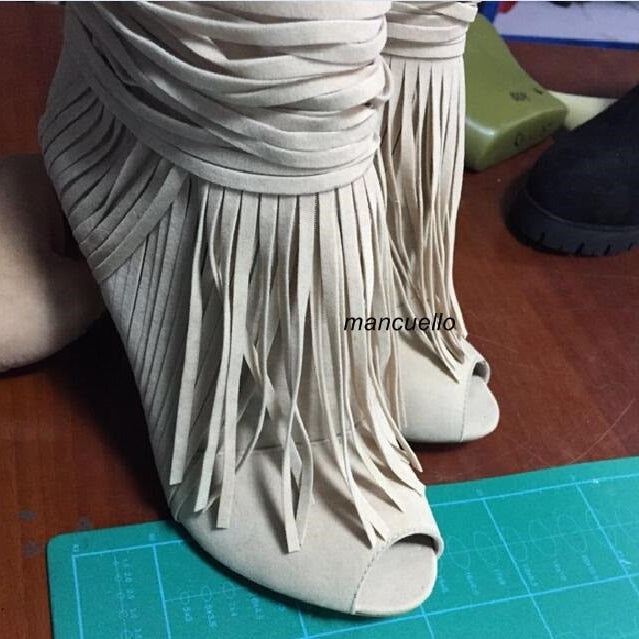 Awesome Beige Suede Fringe Thin High Heel Ankle Boots Women Classy Peep Toe Tassel Stiletto Heel Sandal Booties New Arrival