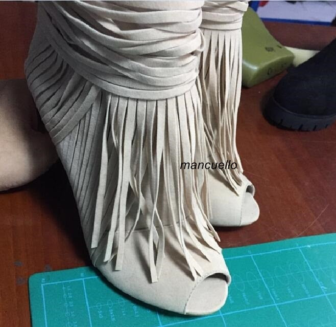 Awesome Beige Suede Fringe Thin High Heel Ankle Boots Women Classy Peep Toe Tassel Stiletto Heel Sandal Booties New Arrival