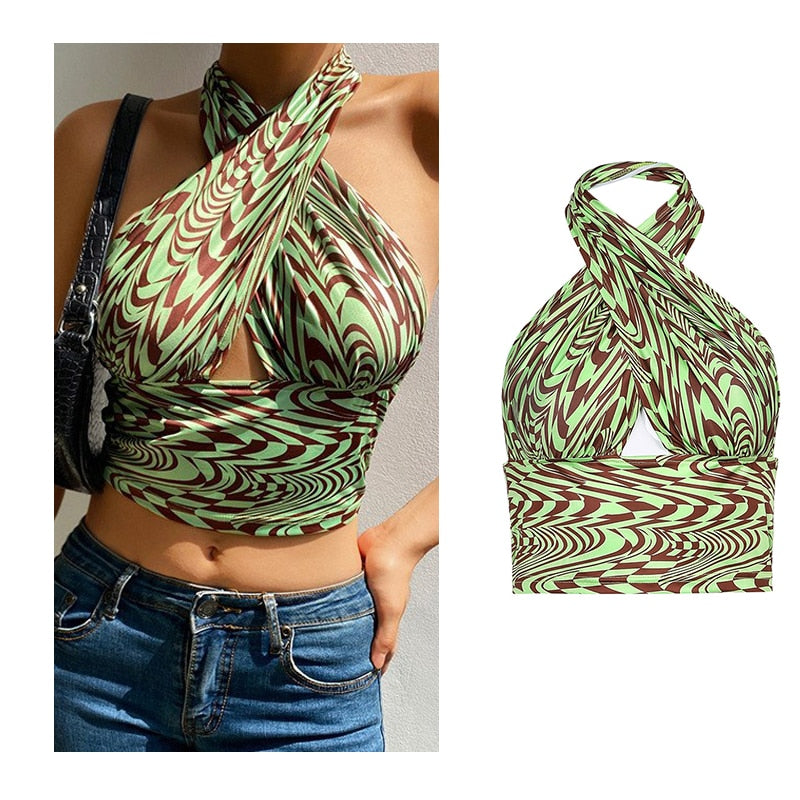 Vintage Brown Halter Camisole Hollow Out Cyber Y2k Crop Top Women Gothic Sexy Aesthetic Fairy Corset Tank Camis 90s Clothes nz752-green