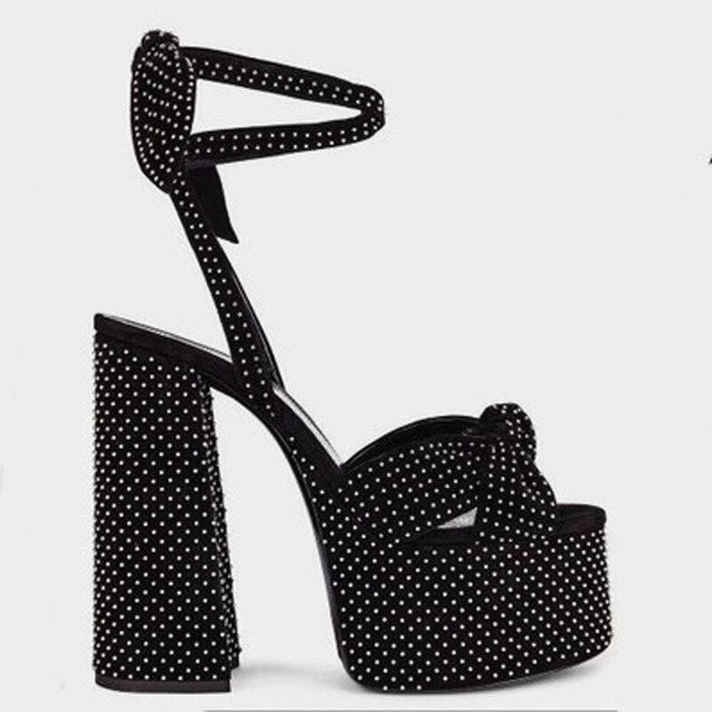 Women Sandals Summer Shoes Sexy Thick High Heels Platform 10 colors Dress Party Wedding Shoes Woman Pumps Bow love heels Black wave point