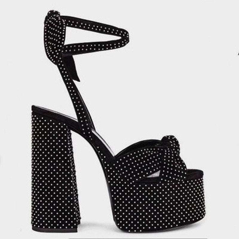 Women Sandals Summer Shoes Sexy Thick High Heels Platform 10 colors Dress Party Wedding Shoes Woman Pumps Bow love heels Black wave point