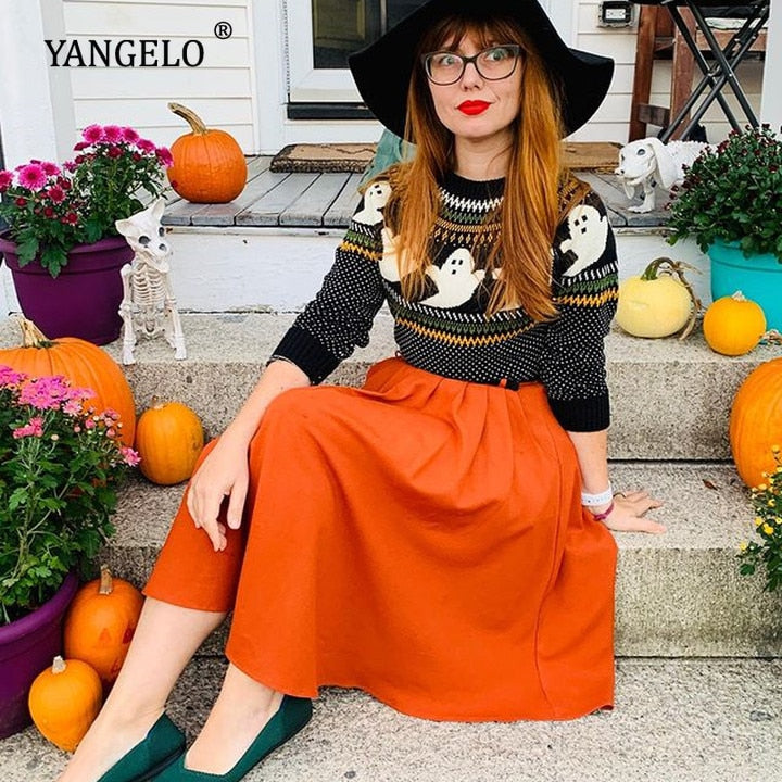 Y2k Sweaters Women Halloween's Clothes Gothic Ghost Knitted Pullover for Autumn Winter Purple Streetwear Girl's Top