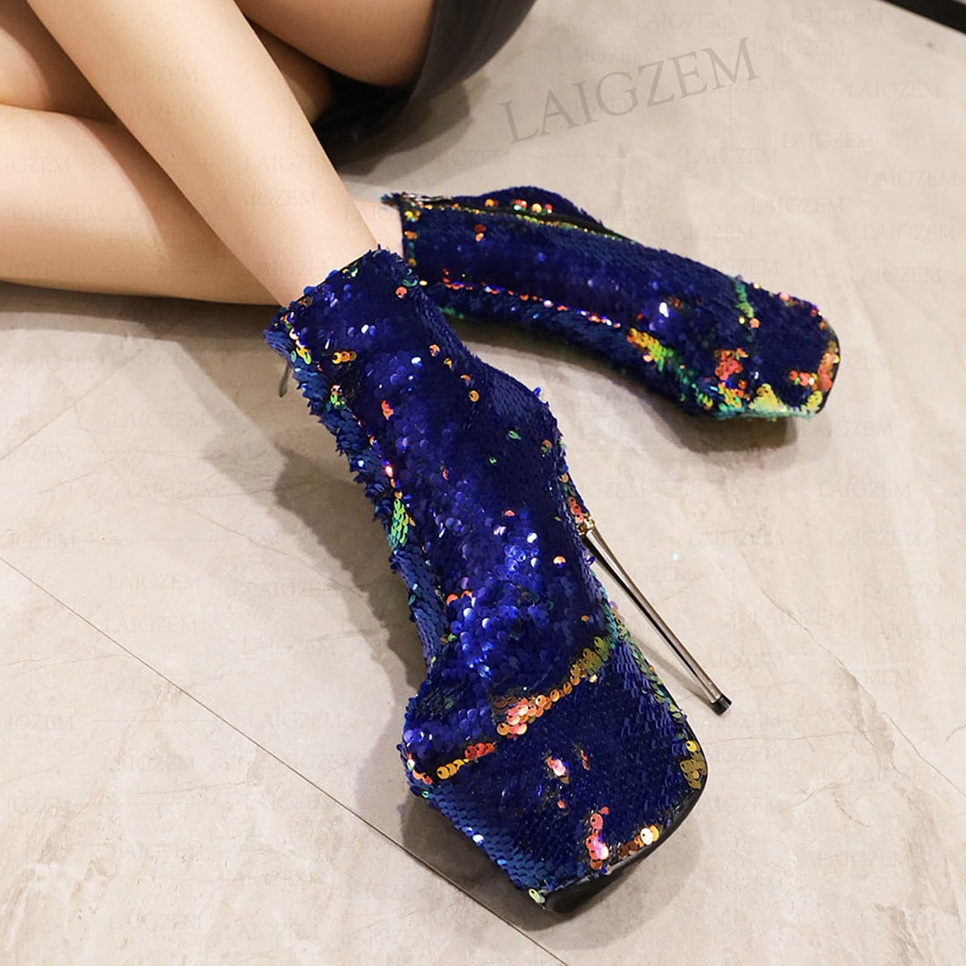LAIGZEM Women Ankle Boots Side Zip Bling Glitter Metal Stiletto High Heels Booties Club Cosplay Shoes Woman Big Size 38 41 42 43
